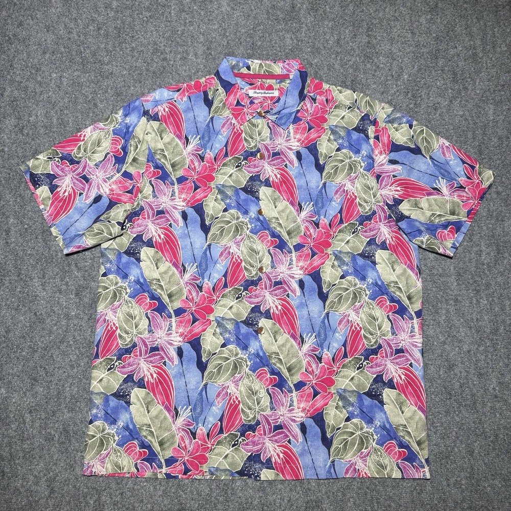 Tommy Bahama 100% Silk Hawaiian Button Up Shirt Men Large Short Sleeve Floral